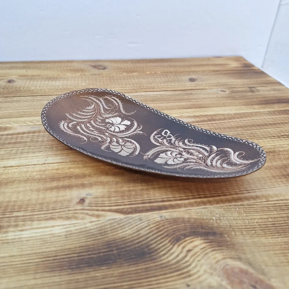 Vintage Floral Etched Oblong Brass Tray from‎ India 7